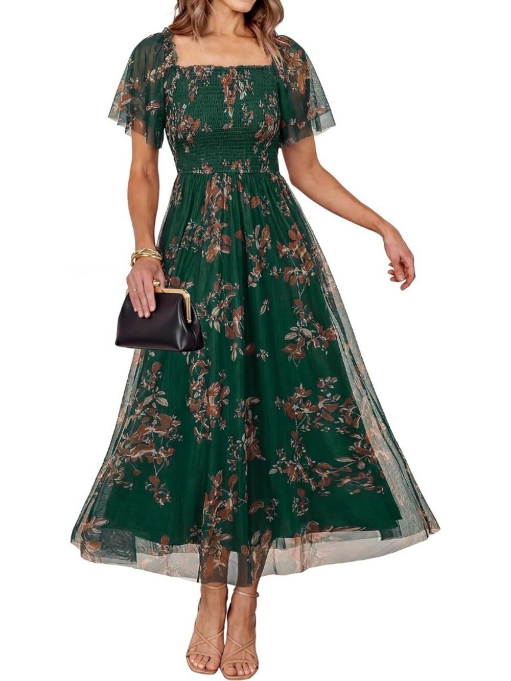 Women's Floral Emerald Green Orange Square Neck Mesh Smocked Boho Maxi Dress
